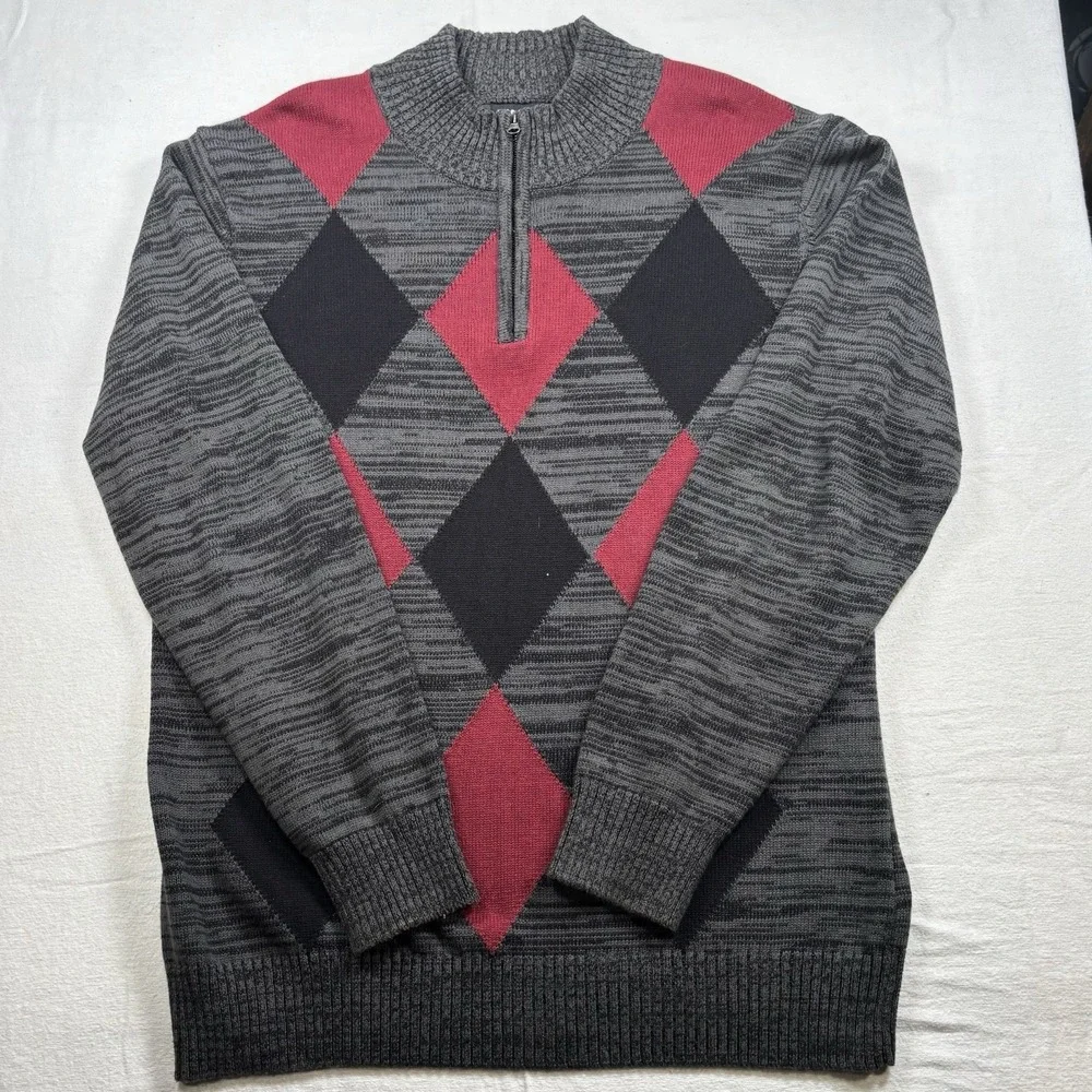 Carbon 1/4 Zip Pullover Diamond Argyle Sweater Men's XXL 2XL Gray Red Preowned